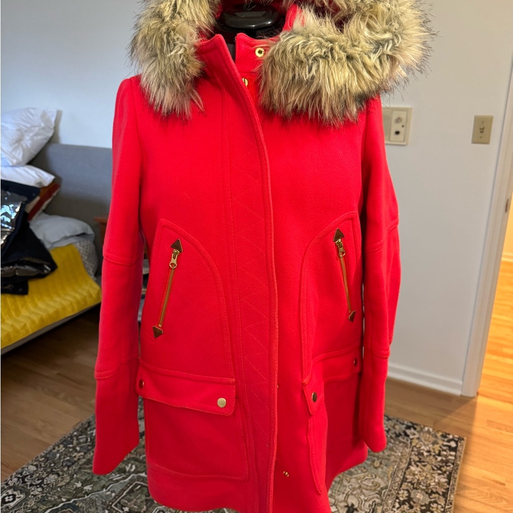 J. Crew Vibrant Red Stadium Coat with Faux Fur Hood